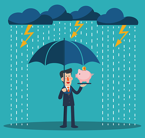 Smiling business man standing with umbrella under thunderstorm protecting piggy bank