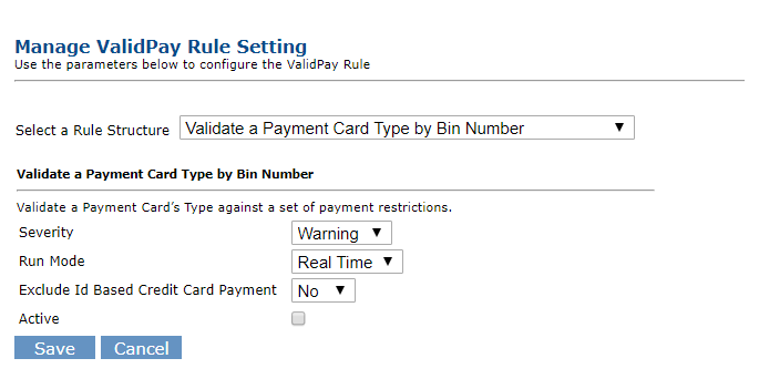 Card Filtering ValidPay Rule Screen shot